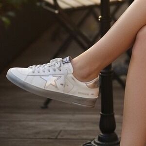 Golden Goose Stardan White Silver Metallic Leather Sneakers IT 41 US 10-10.5